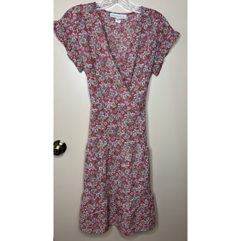 Floral Tiered Short Sleeve Midi Dress Cottagecore Coquette Red Multicolor Size S